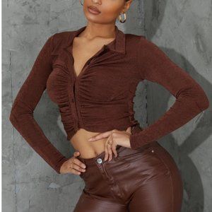 CHOCOLATE ACETATE SLINKY RUCHED FRONT SHIRT